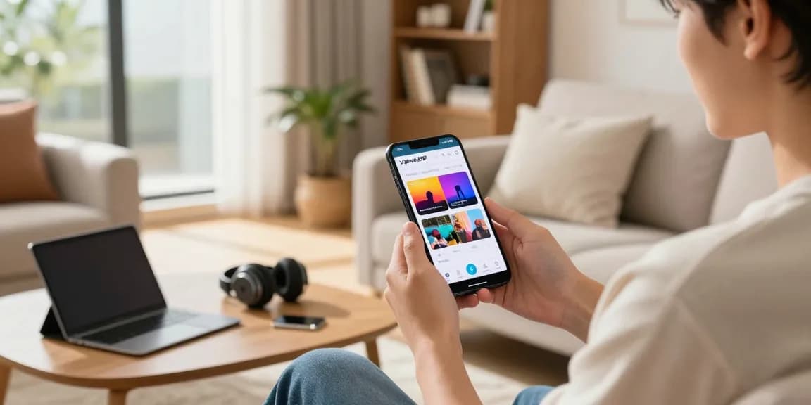 Using Vidmate APK on smartphone to download videos and music, comfortable home setting enriched with natural light.