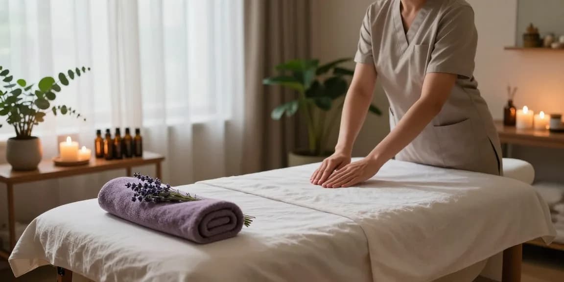Relaxing massage room atmosphere for 구로출장마사지 with essential oils, soft lighting, and soothing decor.