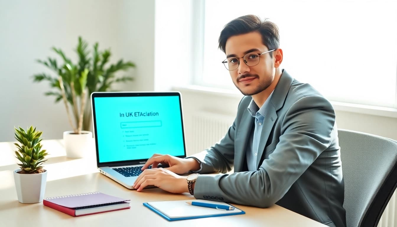 Processing the uk eta online application on a laptop in a modern office setting.