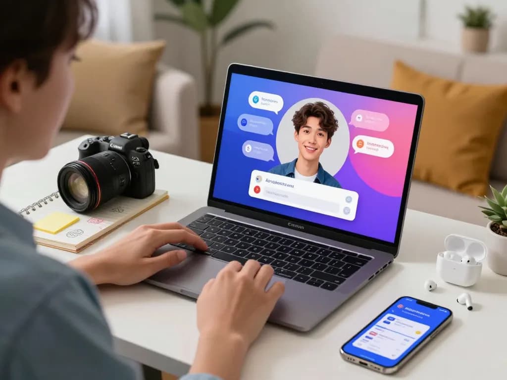 Engaging scene of a young adult interacting with an AI slut chat application on a laptop, showcasing technology and personal connection.