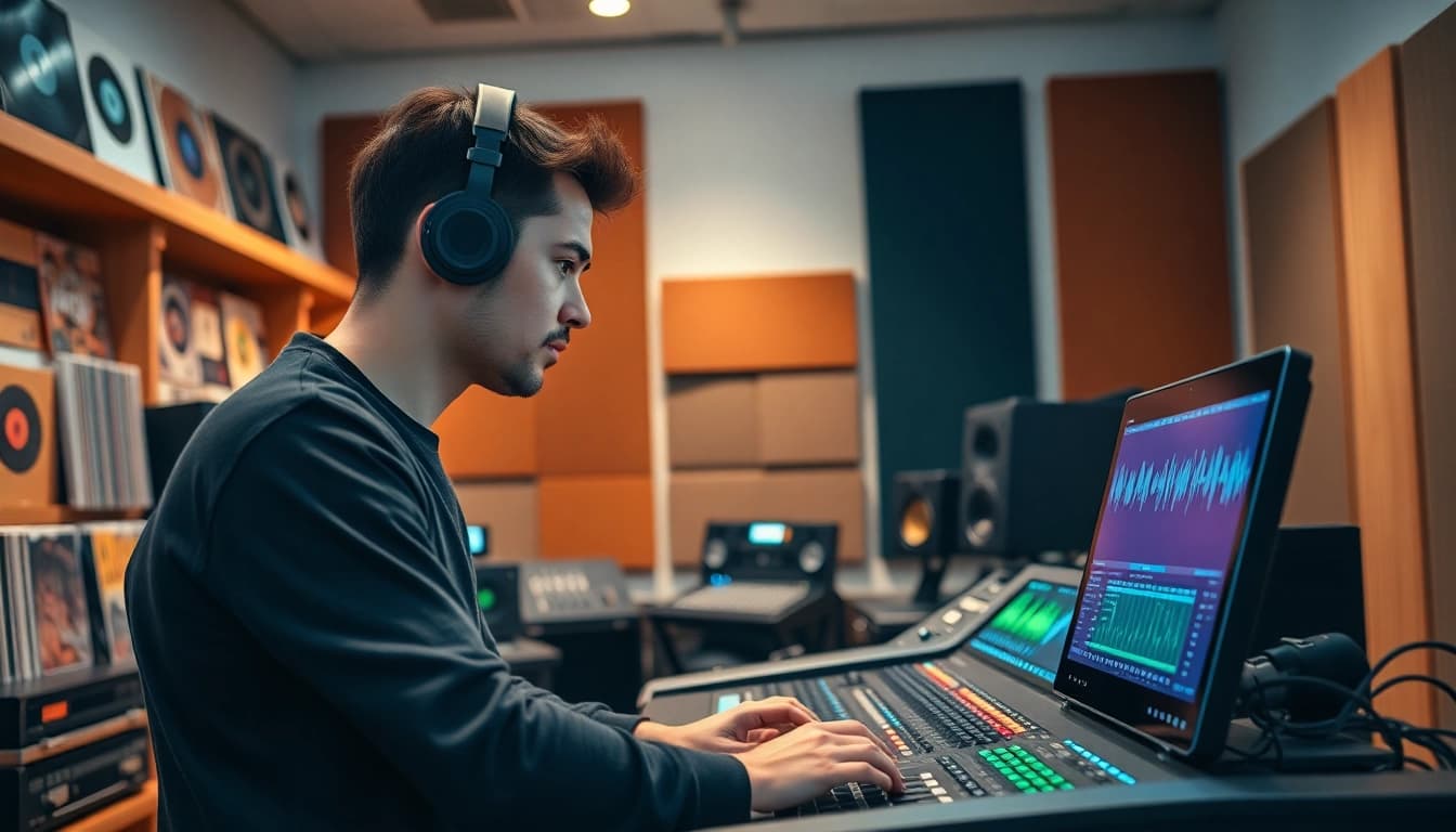 Engaging in online mastering, an audio engineer fine-tunes music tracks in a professional studio.