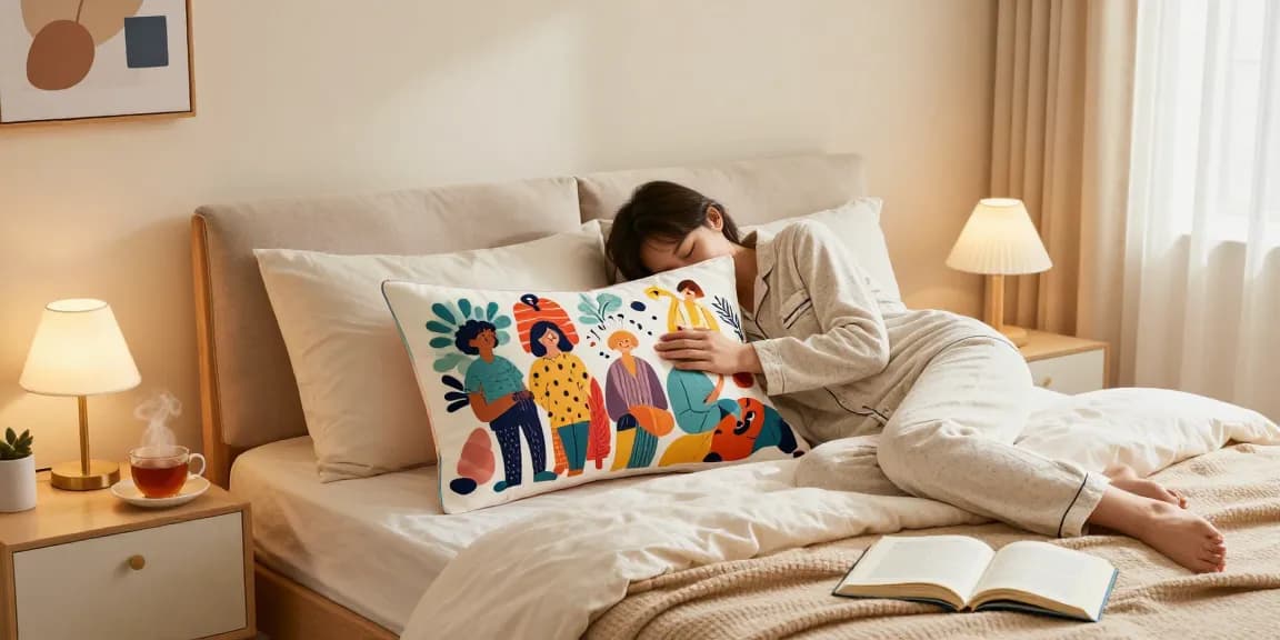 Vibrant custom body pillow in cozy bedroom setting with plush bedding and warm lighting.