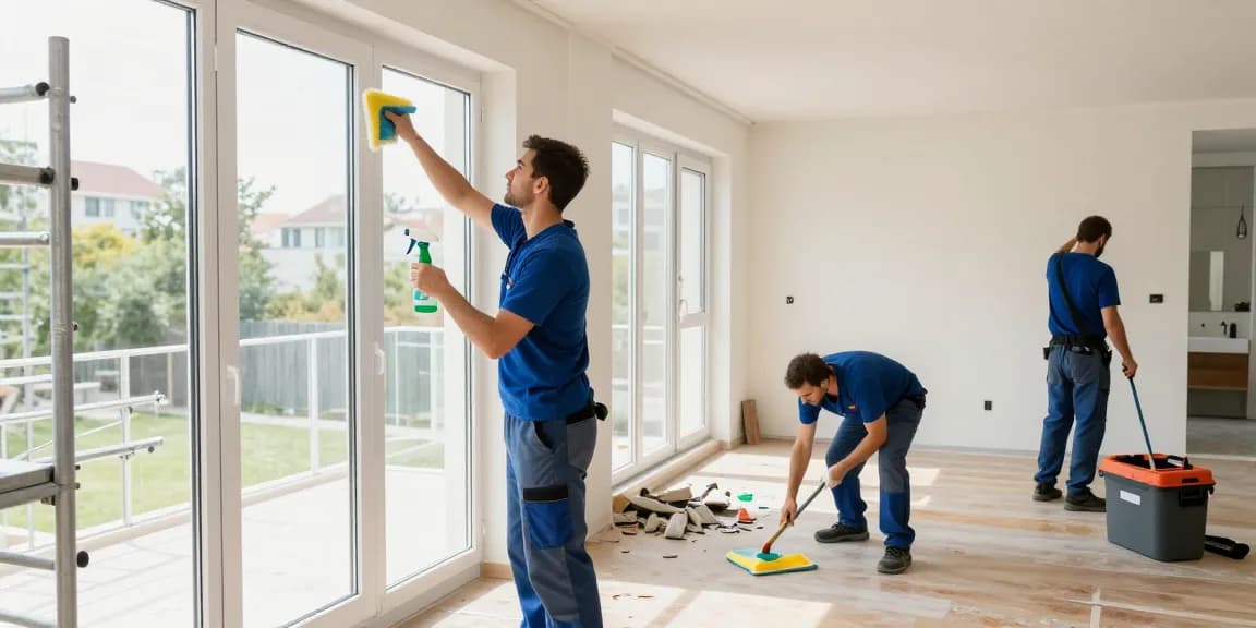 Detailing the process and pricing of bauendreinigung preis with a professional cleaning team working diligently in a bright residential interior.