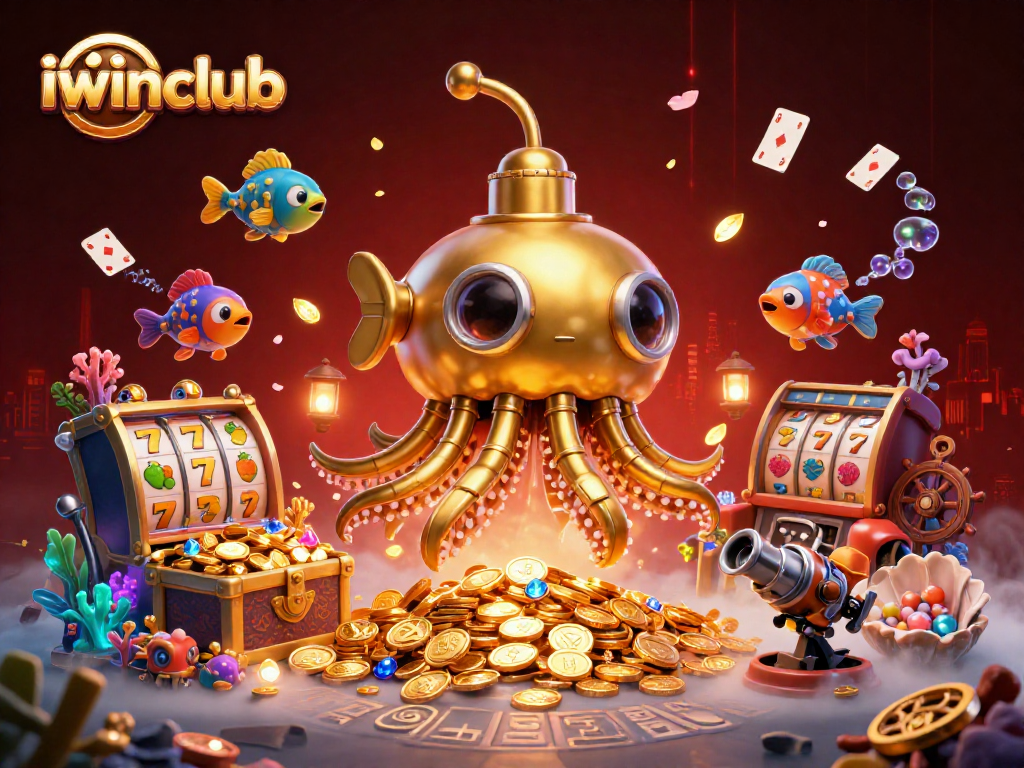 Experience the thrill of iwinclub with a vibrant underwater casino showcasing slot reels amidst swirling golden coins.