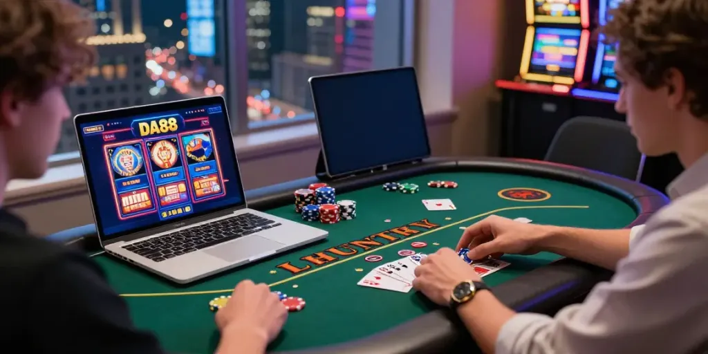 Exciting DA88 online gaming scene with players enjoying casino games on a sleek laptop.