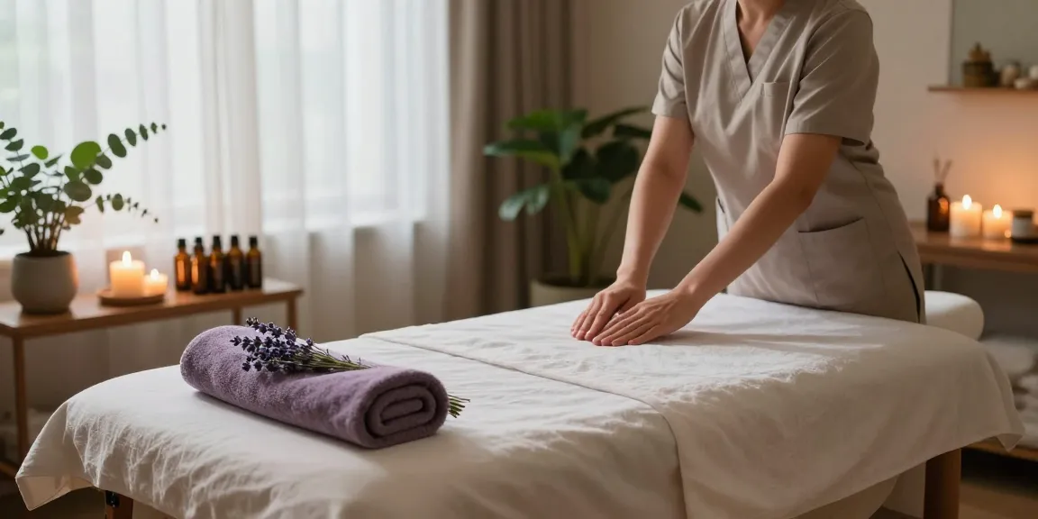 Relaxing massage room atmosphere for 구로출장마사지 with essential oils, soft lighting, and soothing decor.