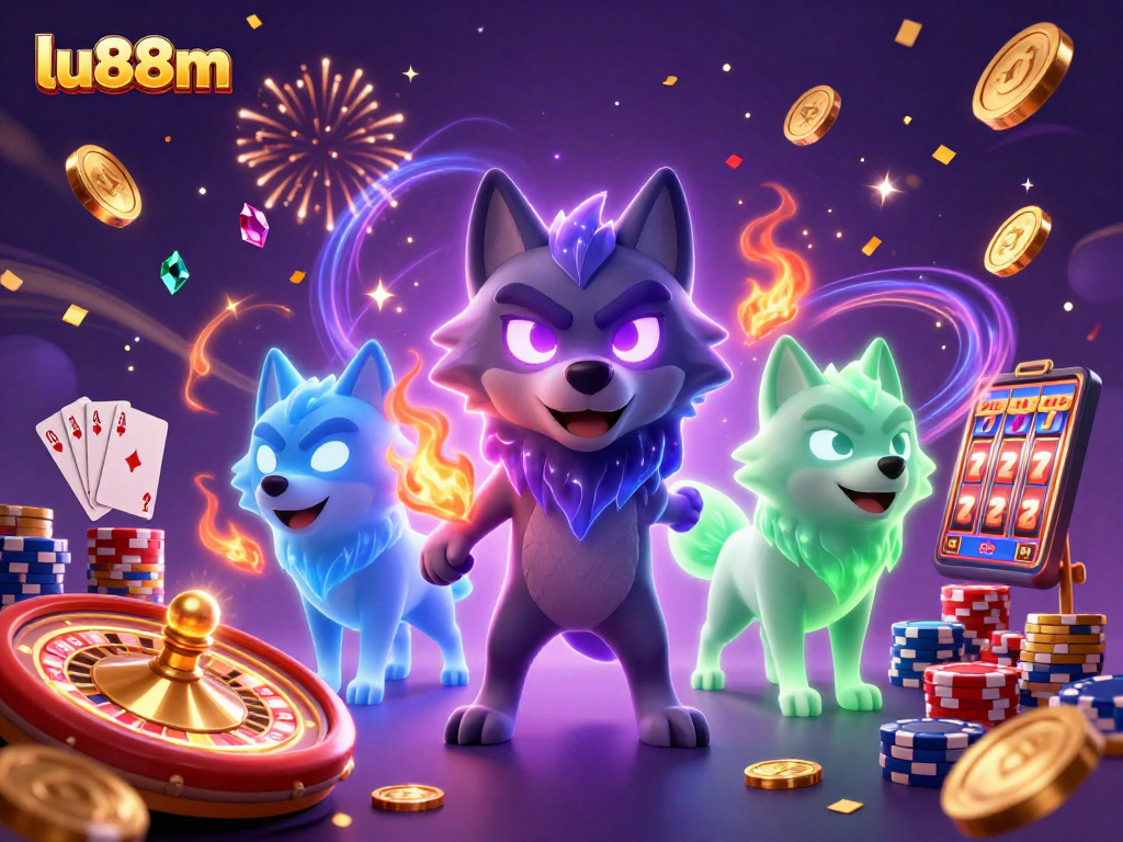 Engage with exciting gaming action at lu88m with glowing wolf characters amid casino elements.