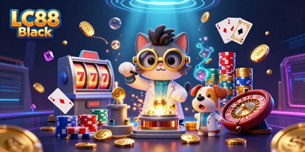 Experience thrilling gameplay with LC88 Black's vibrant casino promotion illustrated with joyful characters and dynamic game elements.