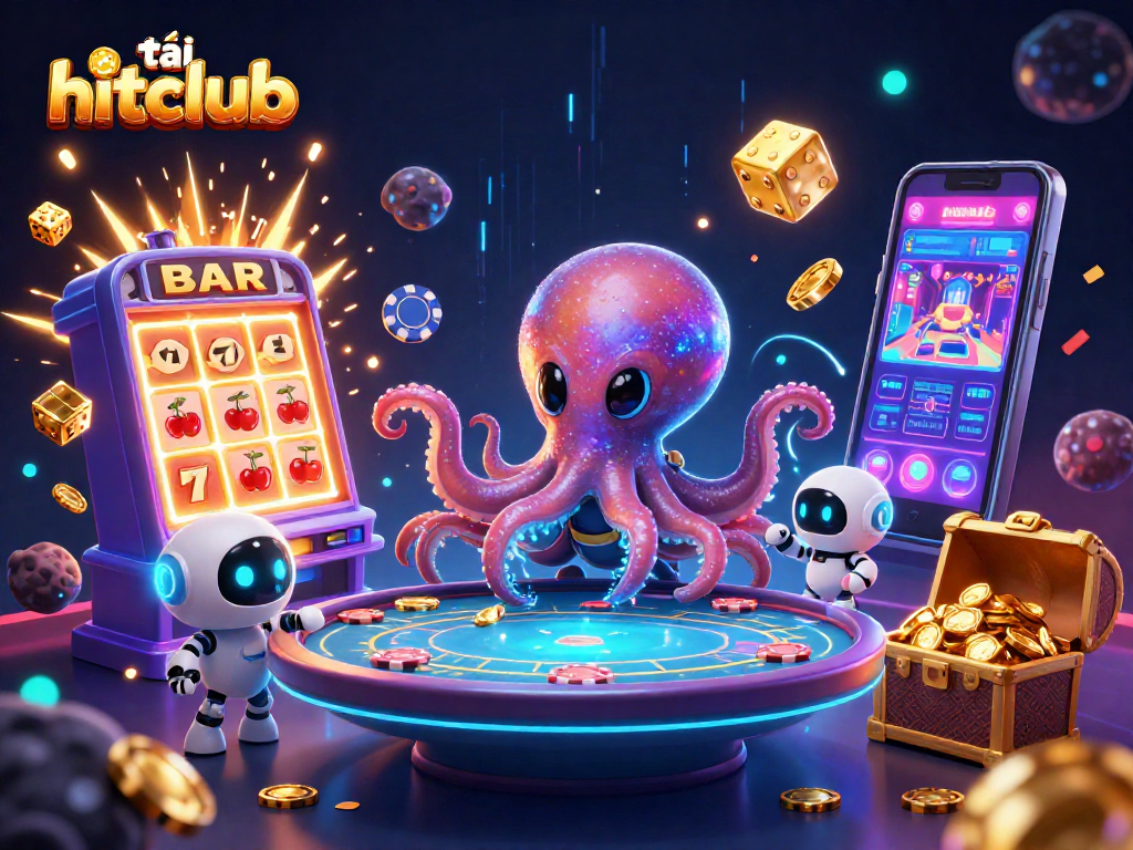 Engage with tải hitclub in this captivating scene of an alien octopus at a holographic poker table amid a jackpot explosion.