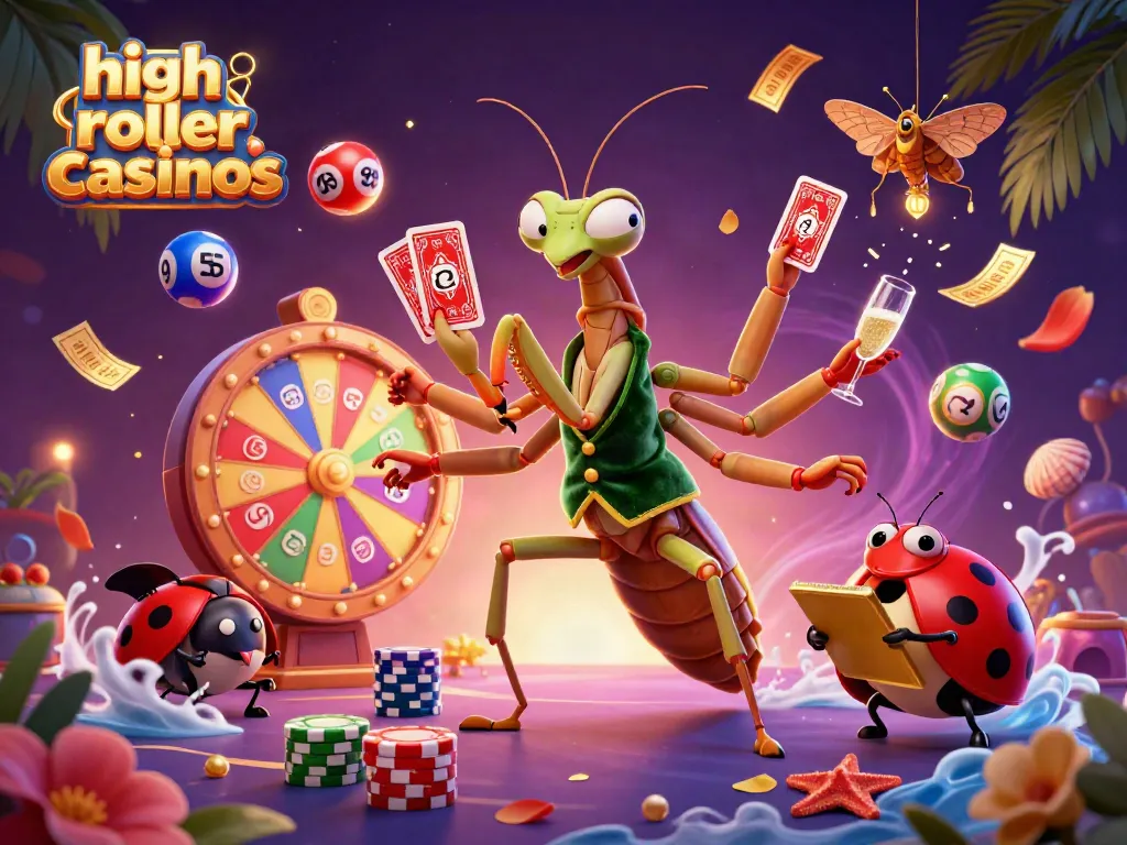 High roller casinos dynamic 3D scene with a giant mantis card dealer, ladybug pit boss, and vibrant casino elements.
