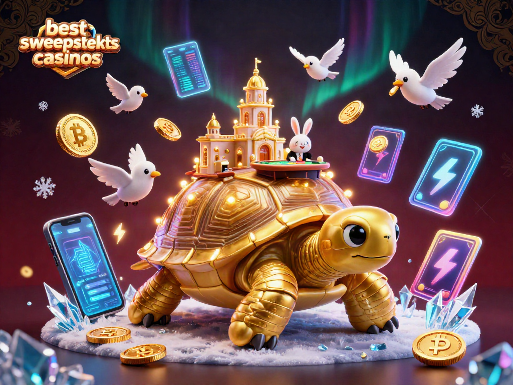 Play and win at the best sweepstakes casinos in this vibrant 3D illustration showcasing a golden tortoise and casino elements.