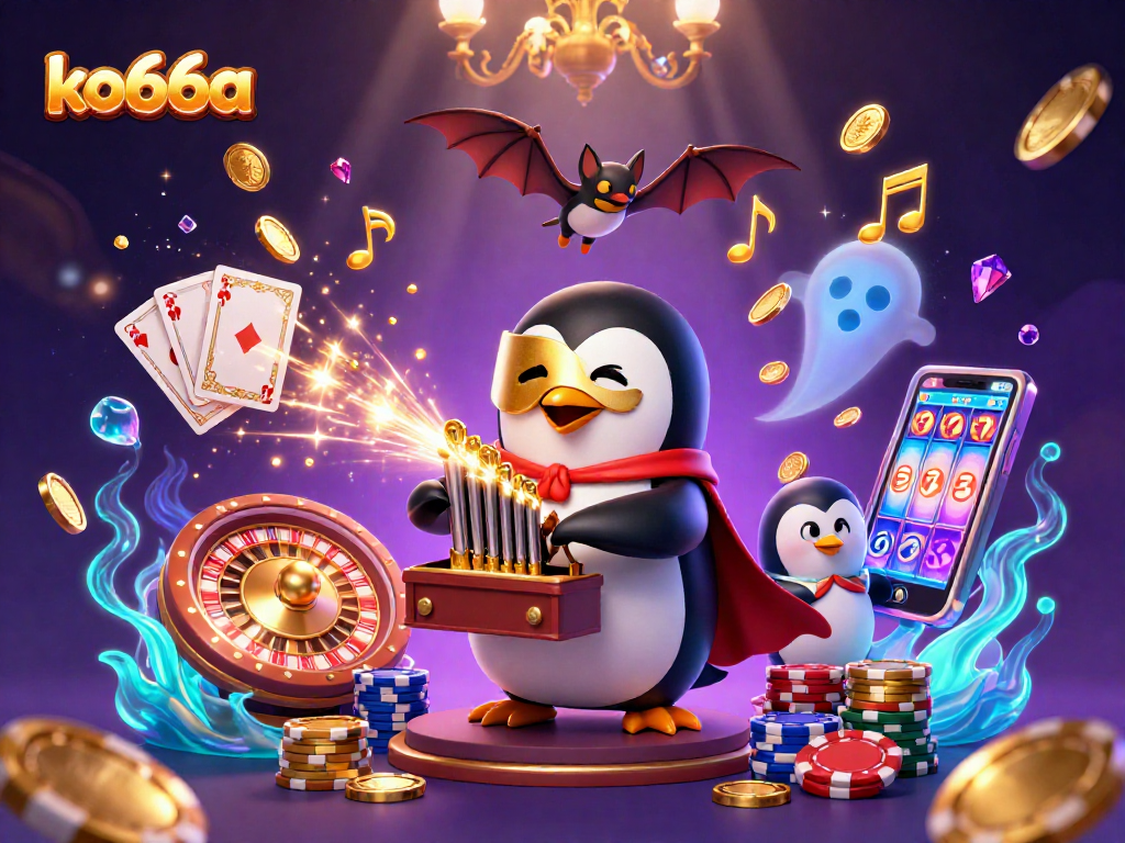 Engage with ko66a's immersive gaming experience through a whimsical 3D casino scene