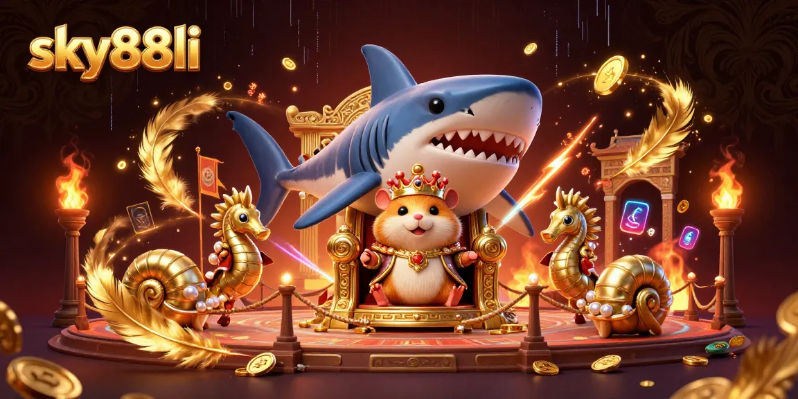 Engage in thrilling gameplay at sky88li with a vibrant arena depicting a fierce golden hamster king among royal seahorse guards.