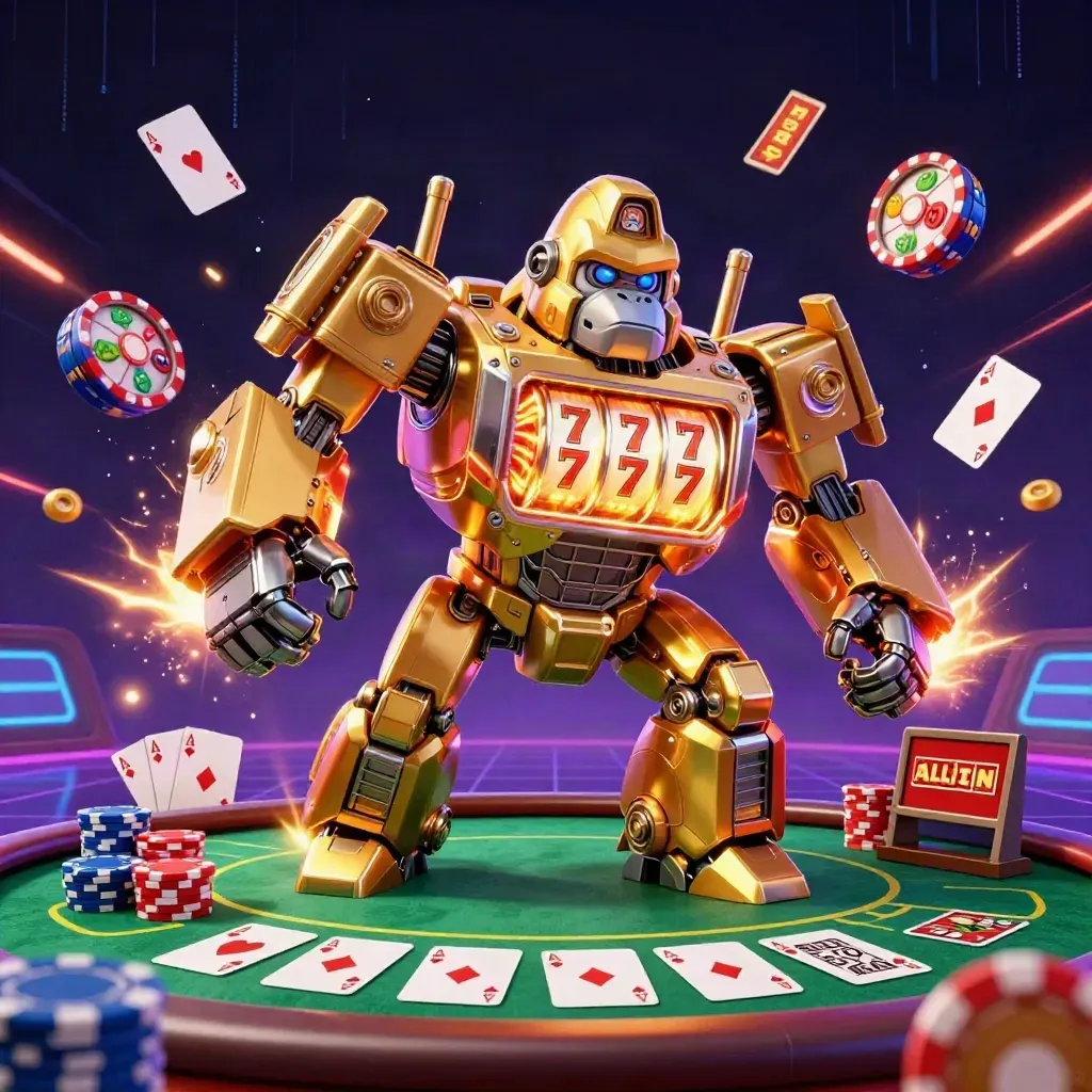 Golden gorilla slot mech with tiny monkey pilot, poker chips, aces, and neon win effects