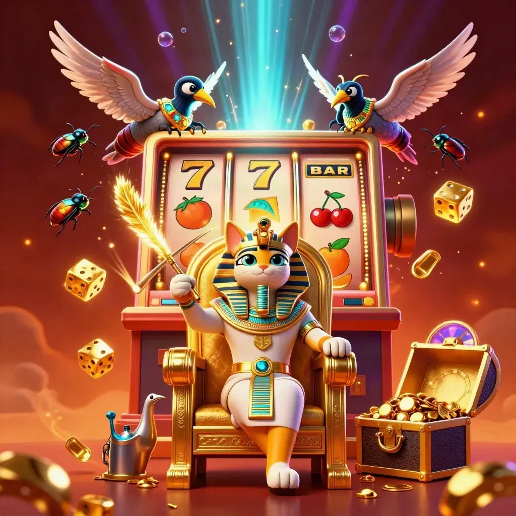 Pharaoh cat, ibis scribe and scarabs amid slot machine bursts, gold, embers and neon glow.