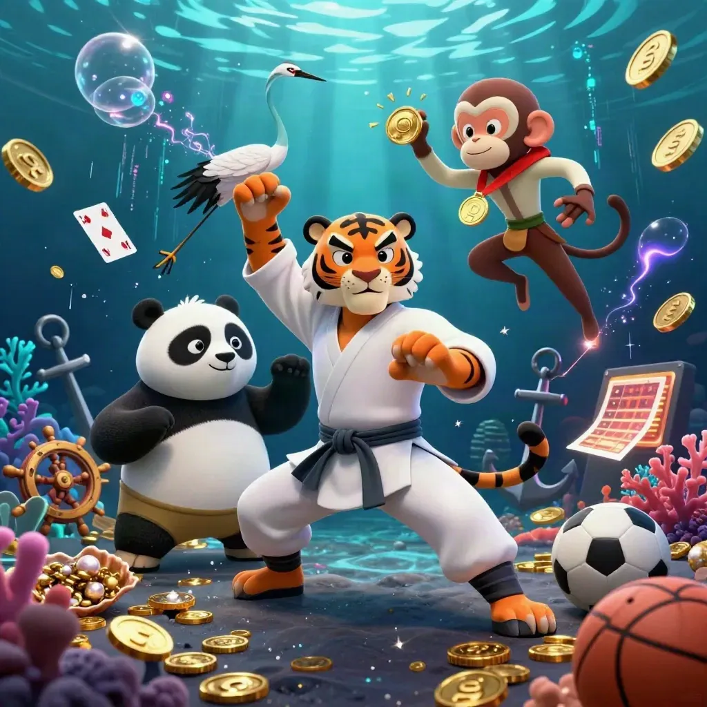 Kung-fu tiger, panda, and monkey in an underwater treasure cove with coins, balls, and neon energy.