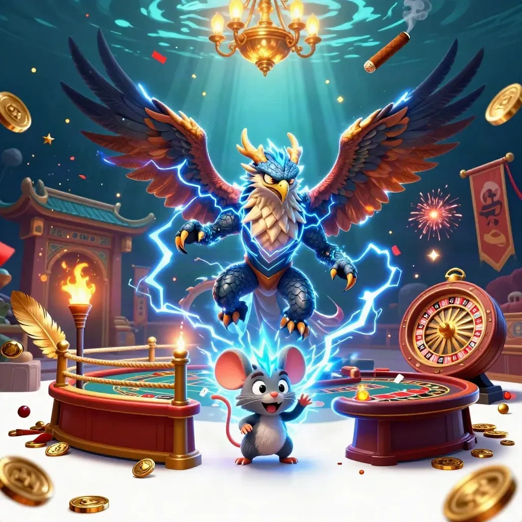Thunder dragon, wind hawk, and static mouse in a luxe casino-temple scene with glowing effects