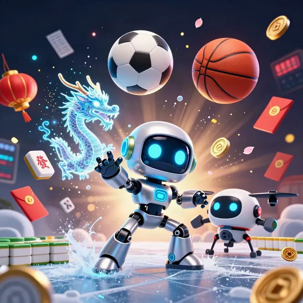 Robot mascot, holographic dragon, and drone amid ice spray, balls, lanterns, coins, and gold light.