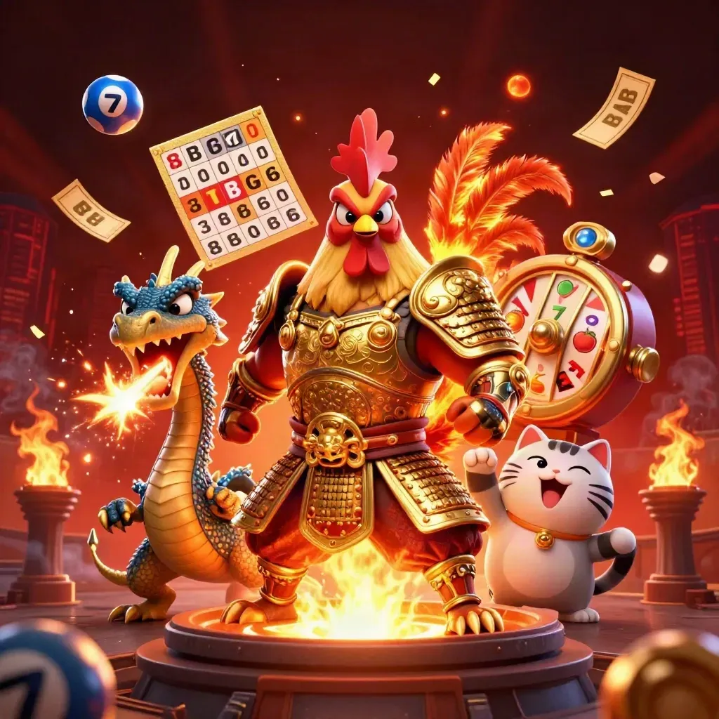 Rooster samurai, spark-breathing dragon hatchling, and cheering fortune cat amid casino loot and fire