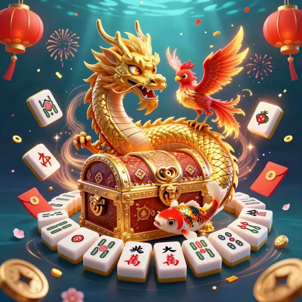 Golden dragon, phoenix, and koi bursting from treasure with casino-themed gems and fireworks.