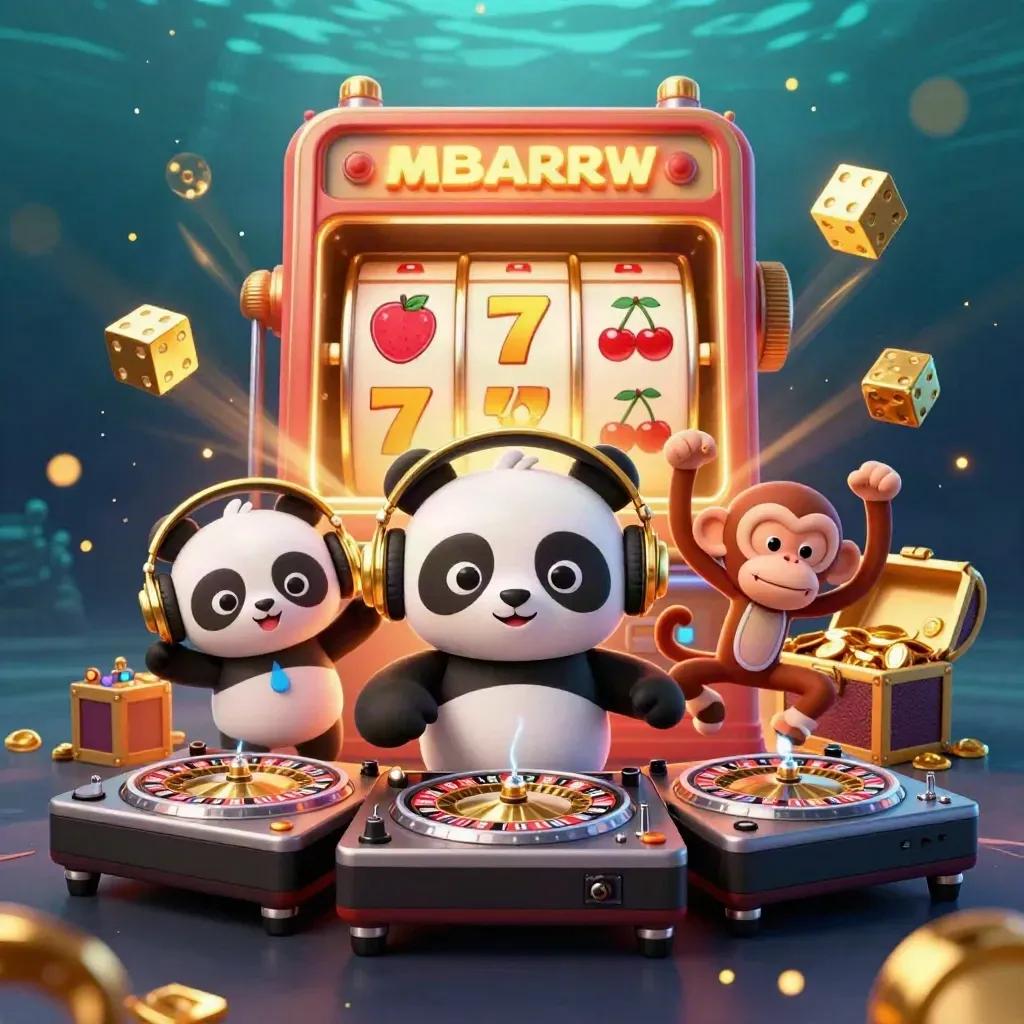 DJ panda, monkey, and glow-kitten burst with slot machine gold underwater.