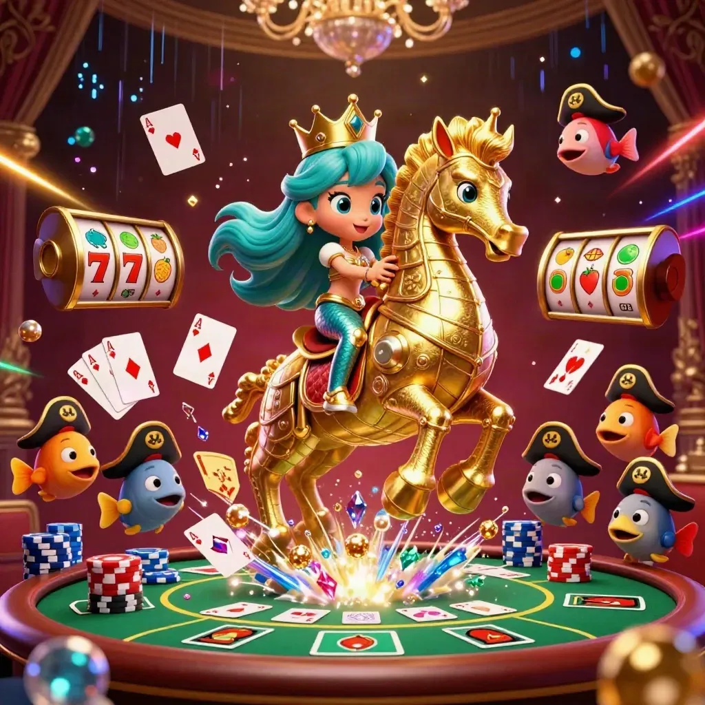 Mermaid princess rides a gold seahorse amid cards, chips, reels and neon casino magic.