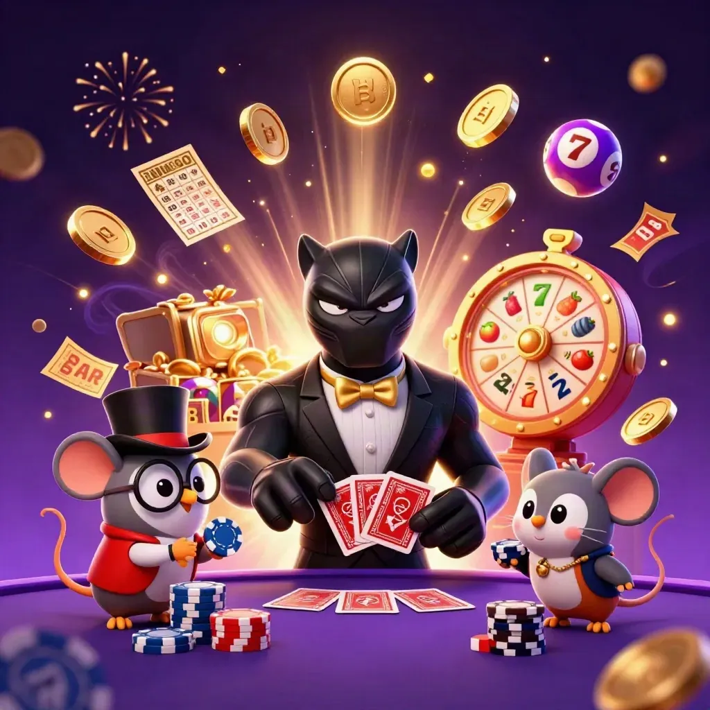 Panther, owl, and mouse amid coins, fireworks, reels, balls, and jackpot energy