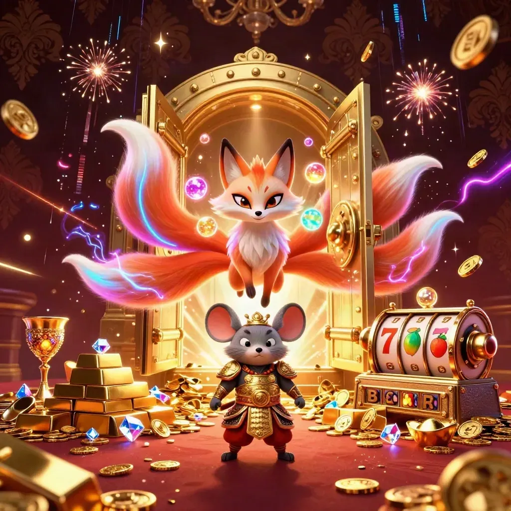 Fox spirit and armored mouse amid vault gold, coins, gems, fireworks, and slot symbols