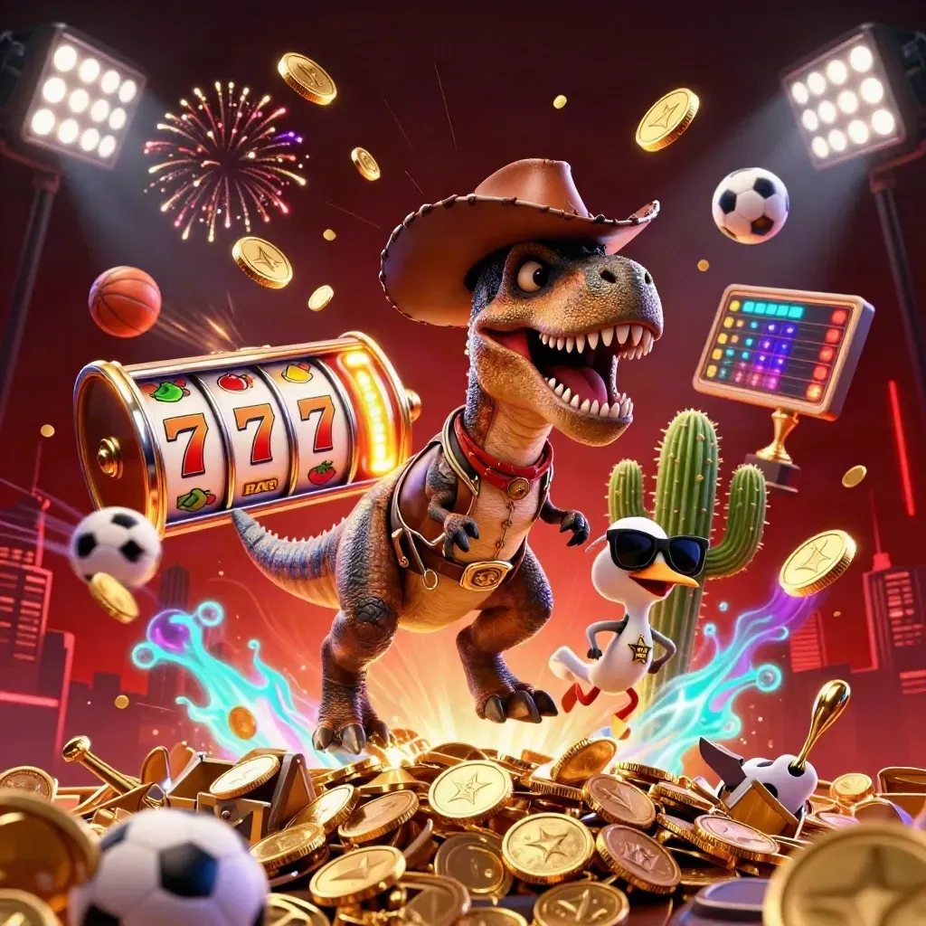 Cowboy T-Rex, cactus, and roadrunner burst through coins, slots, and fireworks in a neon casino scene