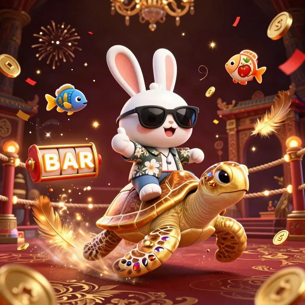 Lucky rabbit rides a jeweled sea turtle amid casino coins, reels, fireworks, and gold confetti.