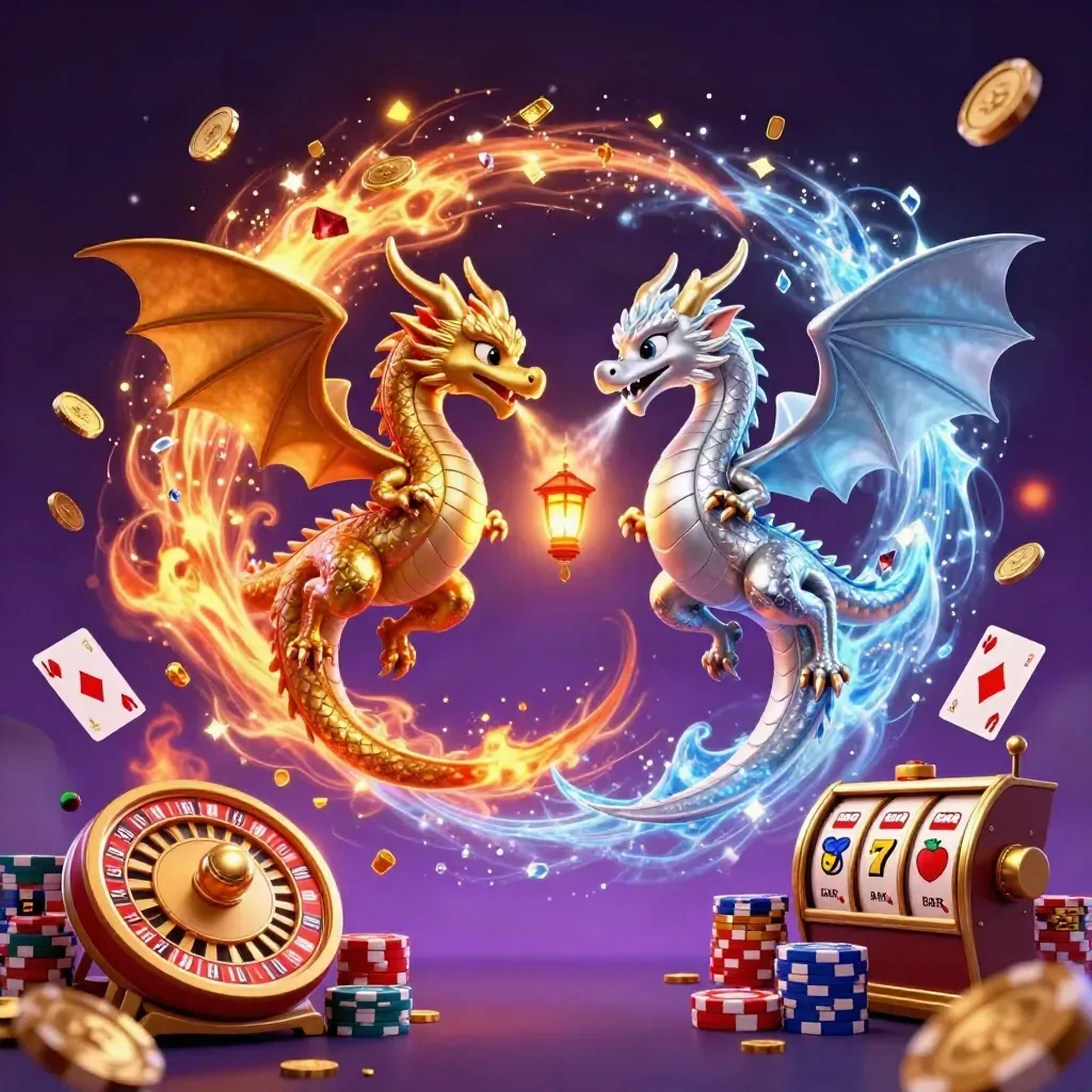 Gold and silver dragons spiral in fire and ice amid casino symbols, coins, chips, and stars.