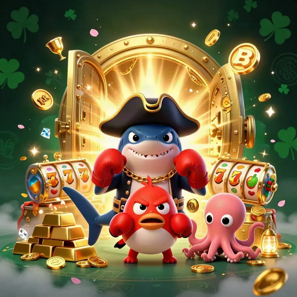 Pirate shark, boxing pufferfish, and coin-juggling octopus amid a glowing treasure vault, gold, gems, and reels.