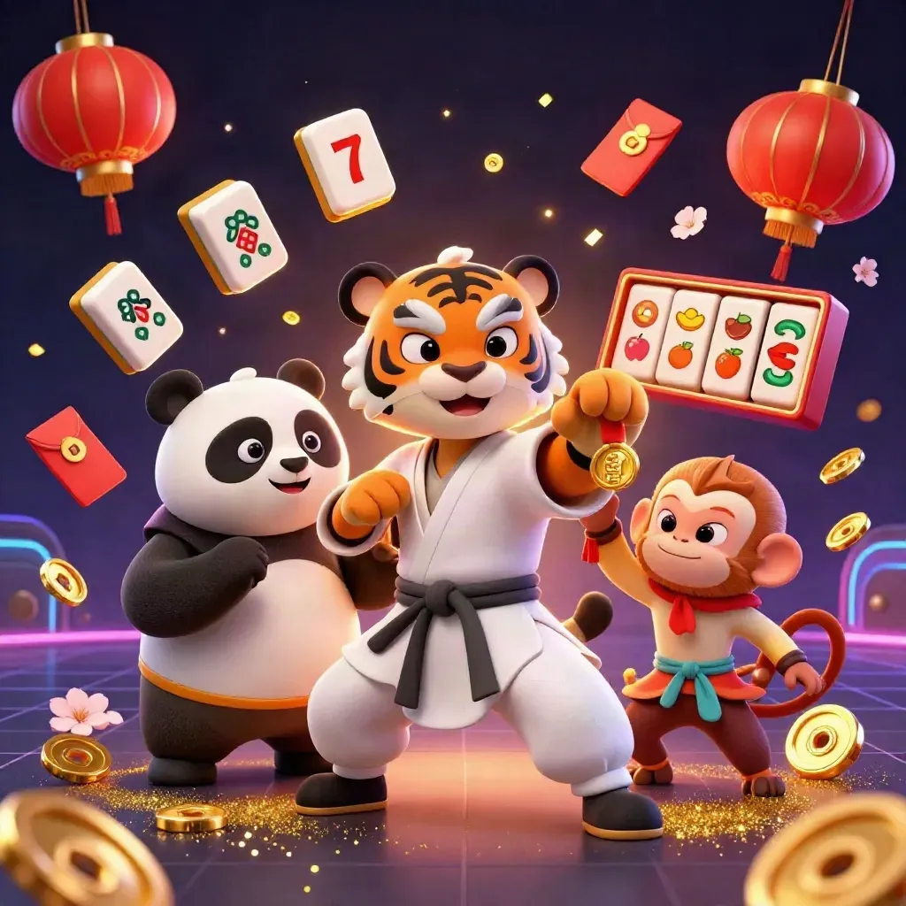 Kung-fu tiger, panda, and monkey amid casino symbols, gold sparks, and neon lighting.