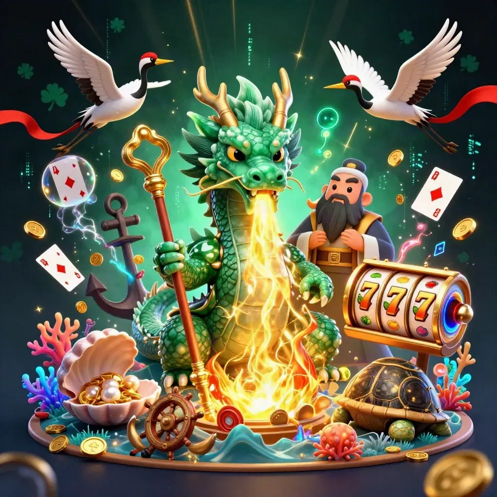 Jade dragon, turtle sage, and cranes amid treasure cove slot symbols and gold sparks