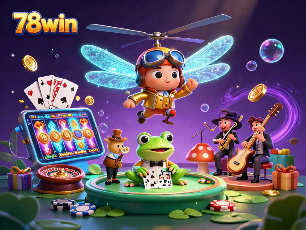 Engage with the vibrant 78win casino scene showcasing thrilling gaming elements and delightful characters.