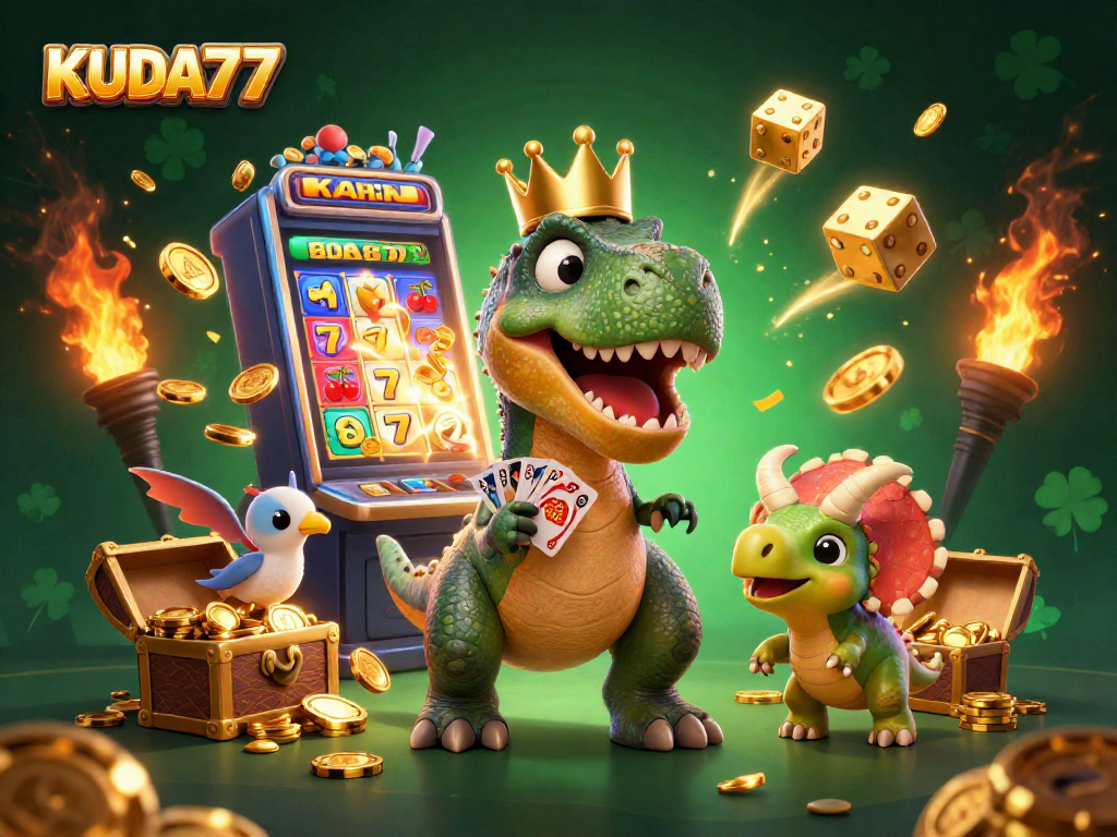 Poker dan jackpot di KUDA77 dengan dinosaurus lucu memeriahkan suasana kasino.