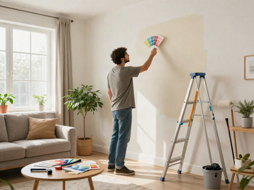 Home repair services Des Moines Iowa - homeowner assessing paint samples in a cozy living room during renovation