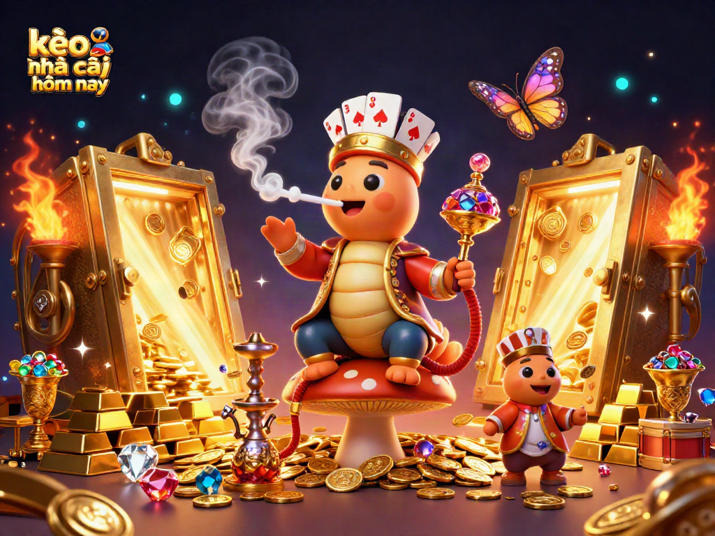 Engage with kèo nhà cái hôm nay through a vibrant casino-themed scene featuring a caterpillar hookah-master.