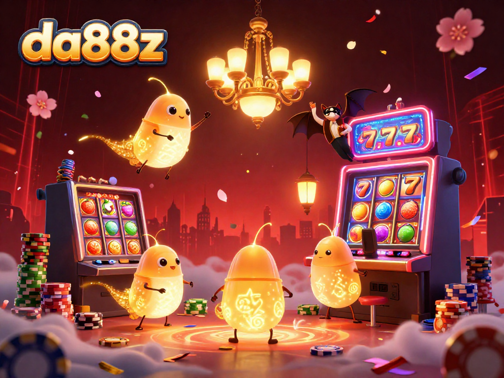 Experience the thrilling atmosphere of da88z with vibrant slot machines, golden glowworms, and an upside down bat dealer.