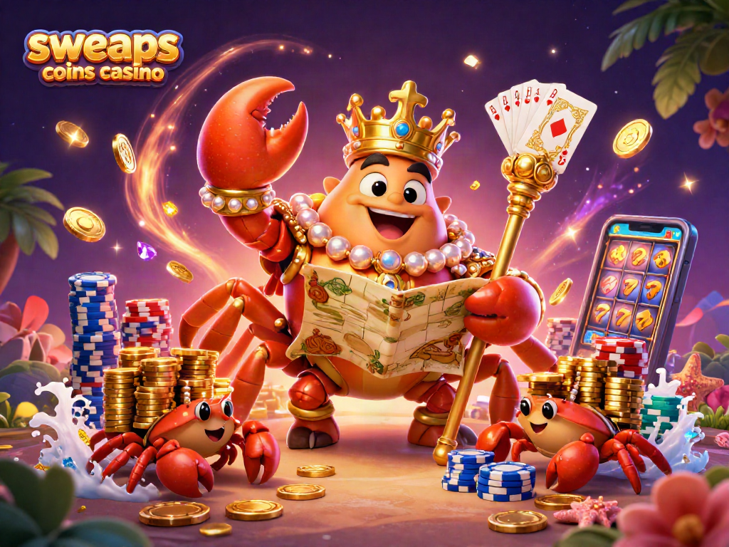 Sweeps coins casino scene with a golden crab emperor, flying coins, and a vibrant casino atmosphere.