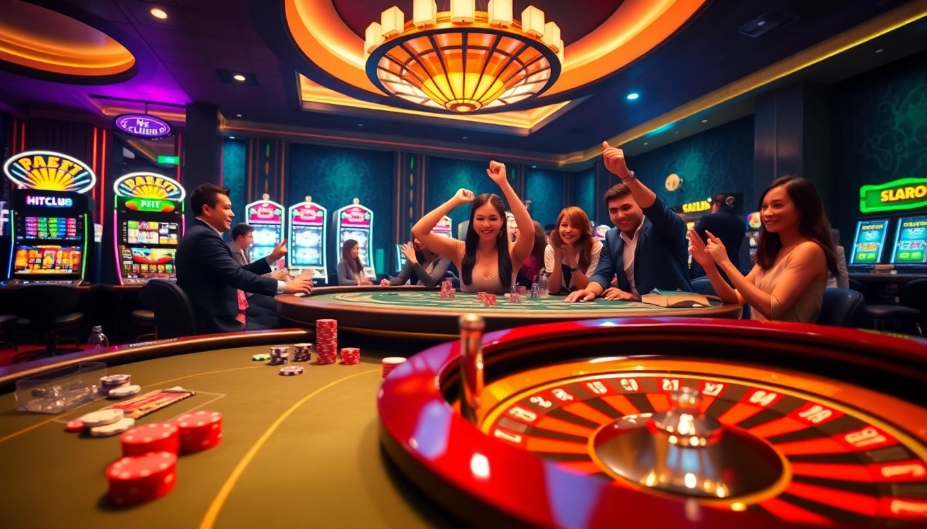 Players enjoying thrilling games at HITCLUB casino, showcasing poker chips and a roulette wheel.