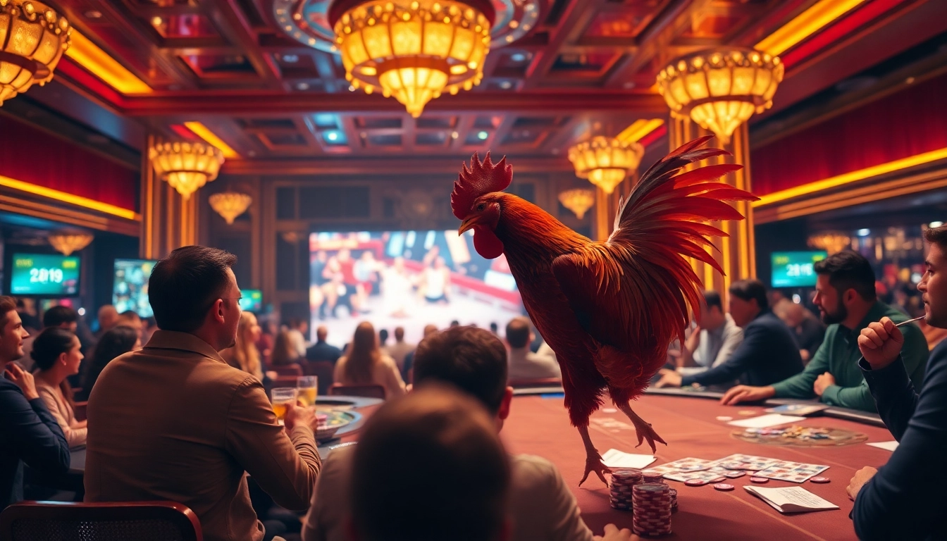 Viewers enjoying đá gà trực tiếp in a luxurious casino setting with vibrant visuals and an engaging atmosphere.