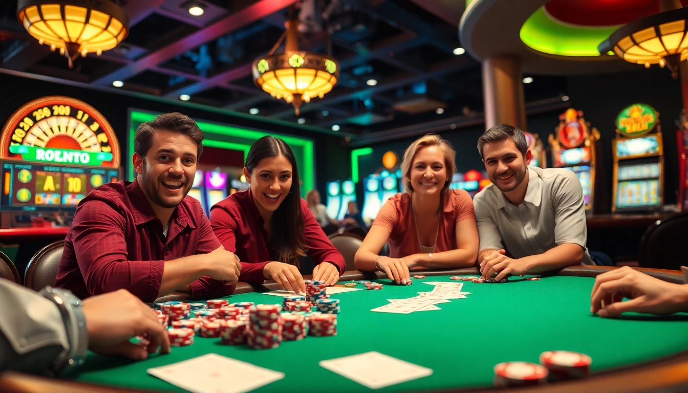Players enjoying a thrilling poker game at a vibrant casino setting on https://789p.gives/, showcasing strategy and excitement.