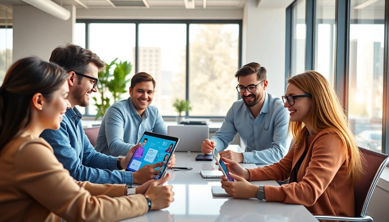 Engaging workspace showcasing Crushon AI technology with users interacting through screens and dynamic AI avatars.