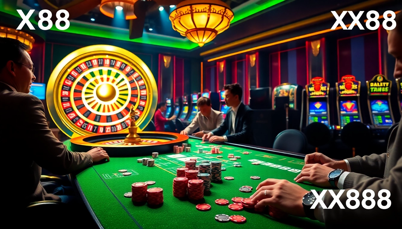 Gamblers enjoying a high-stakes game at the XX88 casino table, surrounded by vibrant chips and cards.