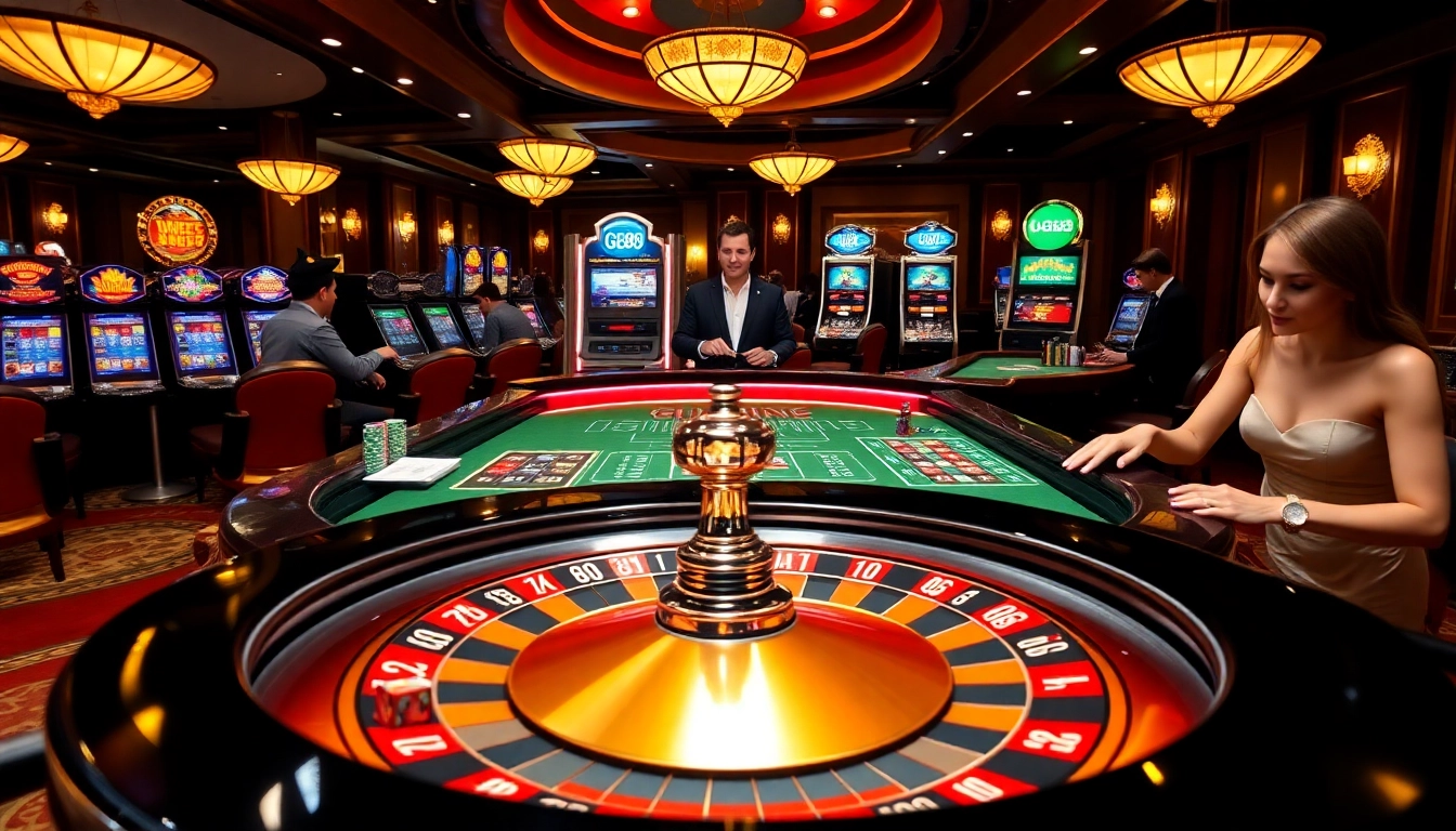 Experience the thrill of winning at GG88 within a vibrant casino setting filled with roulette tables and slot machines.