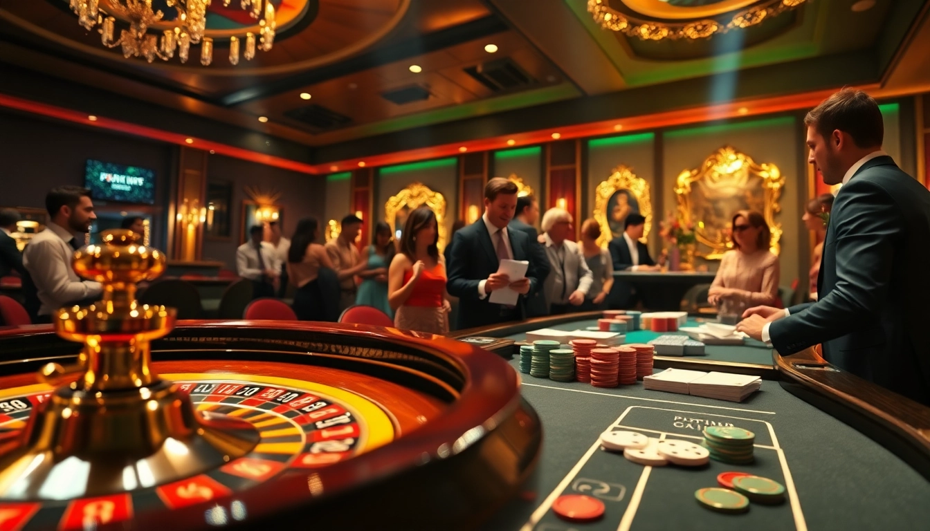 Betting excitement at a luxurious casino showcasing games like https://kjc.football/ with poker chips and cards.