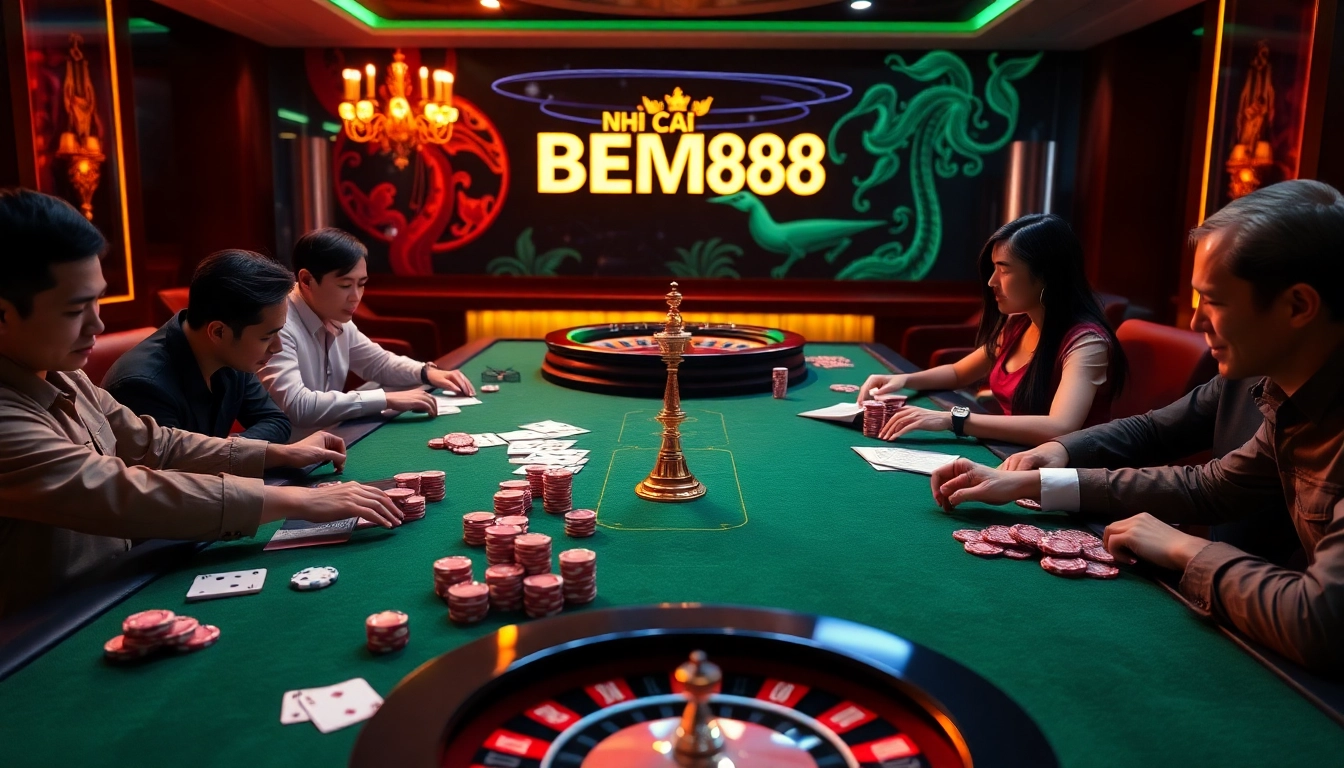 Engage in thrilling gameplay at NHÀ CÁI BEM88 with an exciting poker table setup.