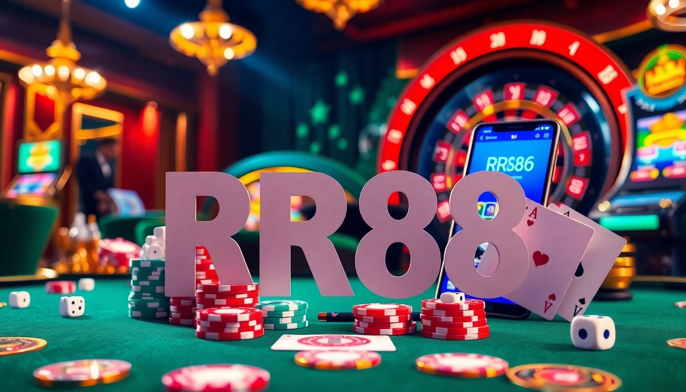 Experience the thrill of RR88 gambling with vibrant casino elements like cards, chips, and roulette.