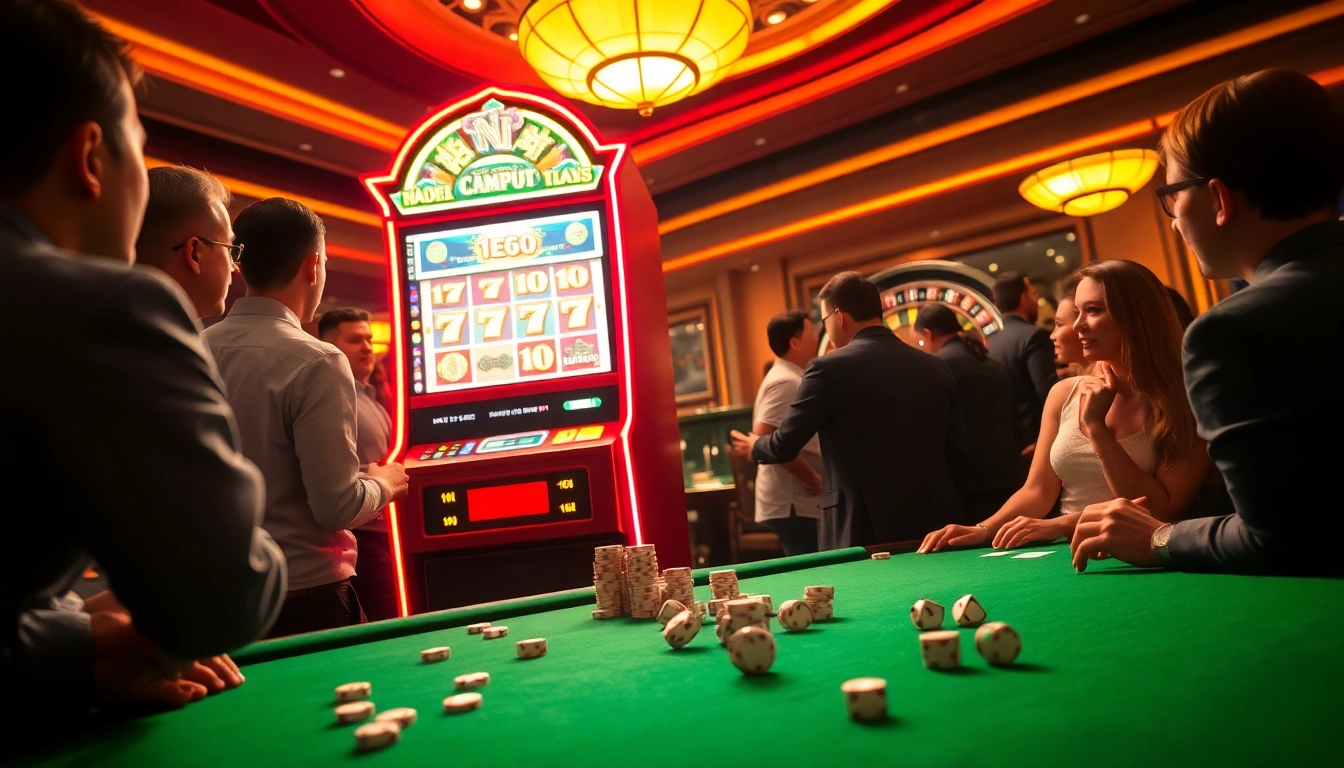 Players engaging with a dynamic nổ hũ slot machine in a vibrant casino setting